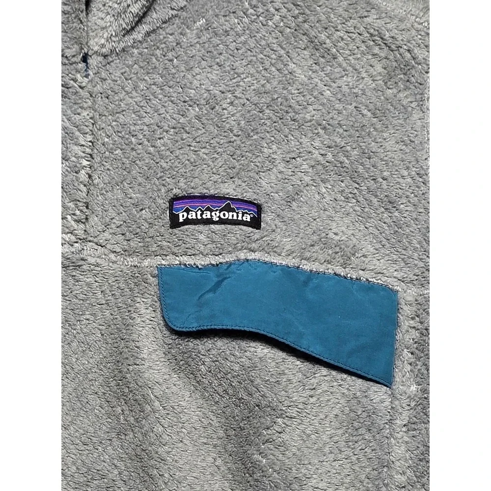 Patagonia‎ Fuzzy Fleece Pullover Jacket Gray Teal Size L Snap Neck